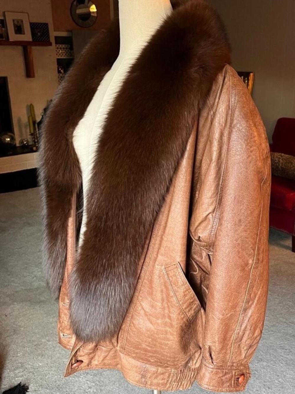 Luxe Fox Fur & Chocolate Brown Leather Jacket Coat Croc Oversized 80’s 90’s L EC